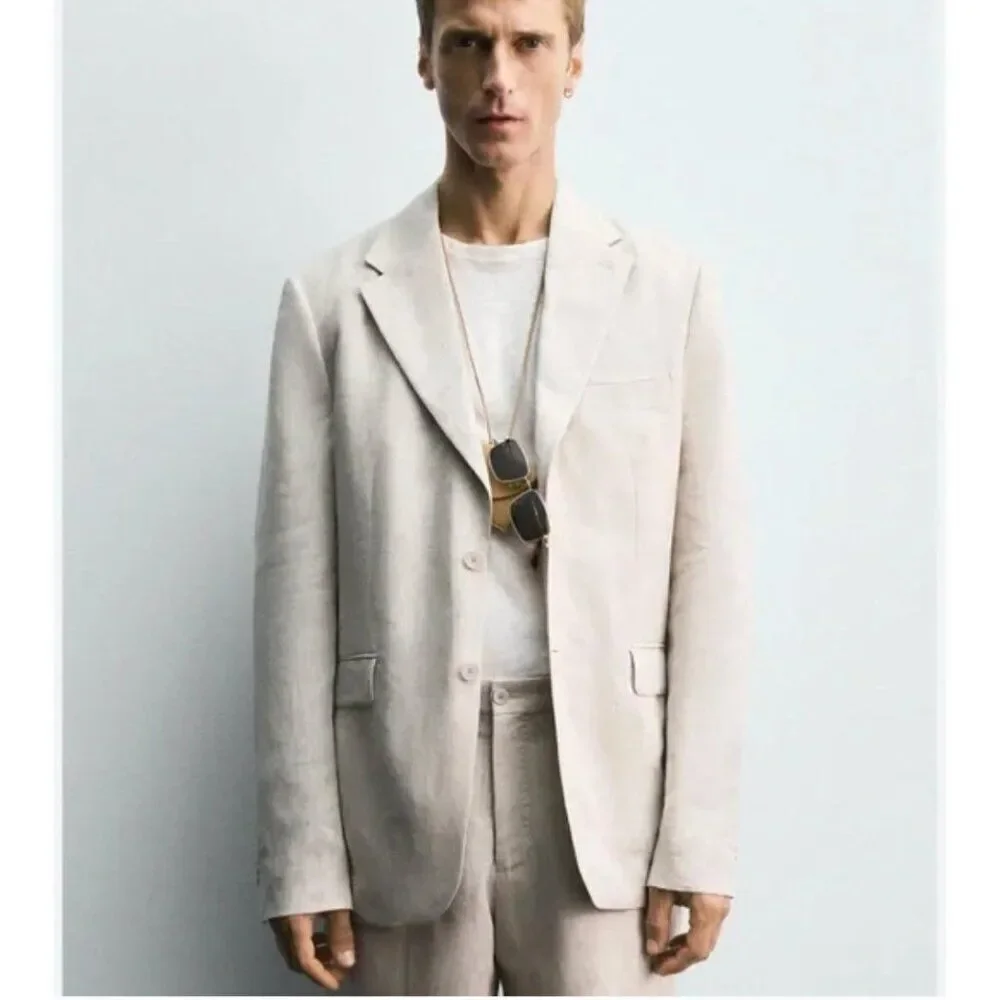 Zara Mens Blazer Suit Jacket EU 46 US 36 Beige 100 Linen sport coat 4299/333 NWT